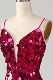 Sparkly Mermaid Spaghetti Straps Fuchsia Sequins Long Prom Dress with Slit