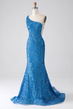 Blue Mermaid One Shoulder Sequins Long Prom Dress