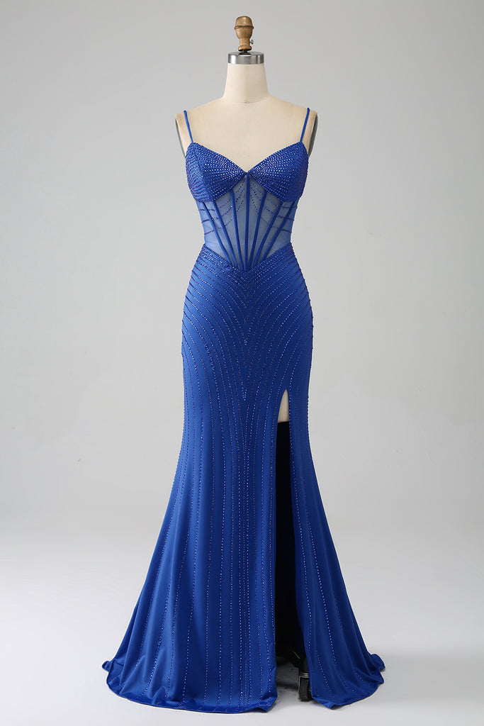 ZAPAKA Women Royal Blue Corset Prom Dress with Beading Mermaid