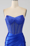 Mermaid Strapless Royal Blue Corset Prom Dress with Beading