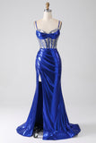 Royal Blue Mermaid Sparkly Sequin Pleated Corset Prom Dress With Slit