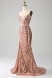 Rose Gold Mermaid Beaded Ruched Sequin Corset Prom Dress With Side Slit
