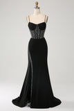 Mermaid Black Spaghetti Straps  Long Corset Prom Dress with Slit