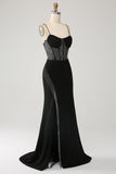 Mermaid Black Spaghetti Straps  Long Corset Prom Dress with Slit