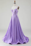 Simple Sparkly Lilac A-Line Side Slit Corset Prom Dresses with Rhinestones