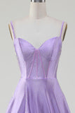 Simple Sparkly Lilac A-Line Side Slit Corset Prom Dresses with Rhinestones