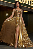 Sparkly Ruched Spaghetti Straps Beaded Metallic Prom Dress With Slit