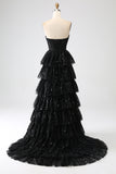 A-Line Sequins Black Tiered Prom Dress with Slit