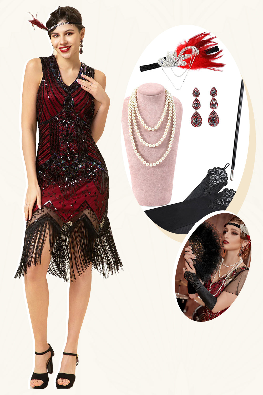 Red and Black Sequins Fringes 1920s Gatsby Dress with 20s Accessories Set