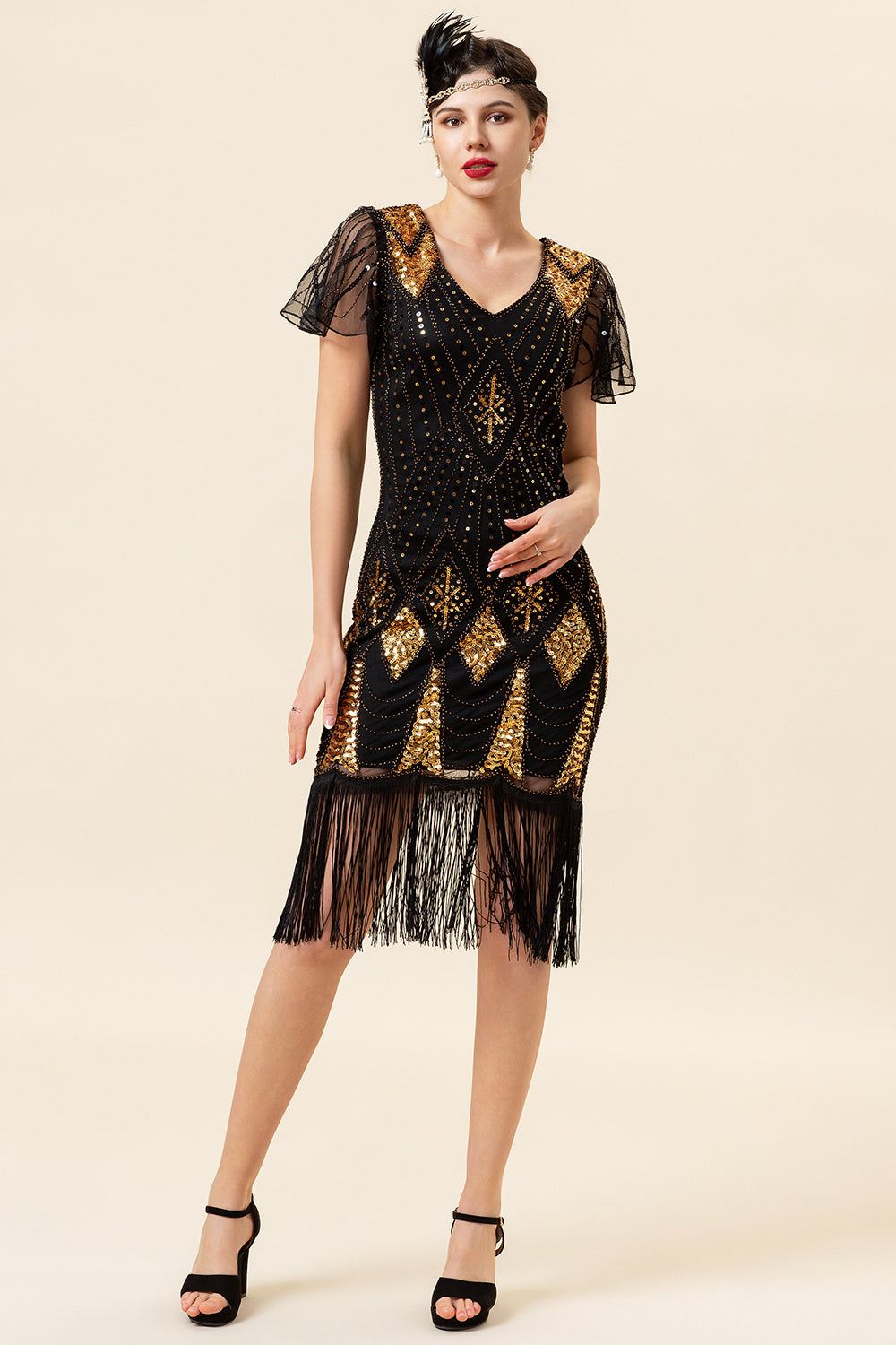 Black and Golden Sequins Fringes 1920s Gatsby Dress with 20s Accessories Set