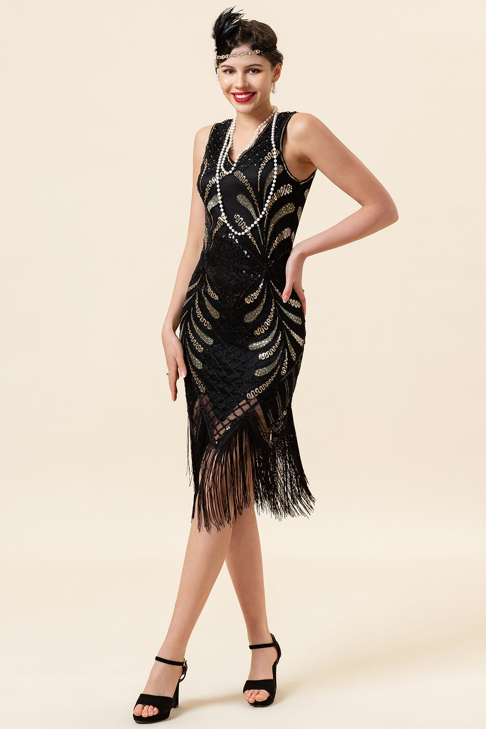 Black Sequins Fringes 1920s Flapper Dress with 20s Accessories Set