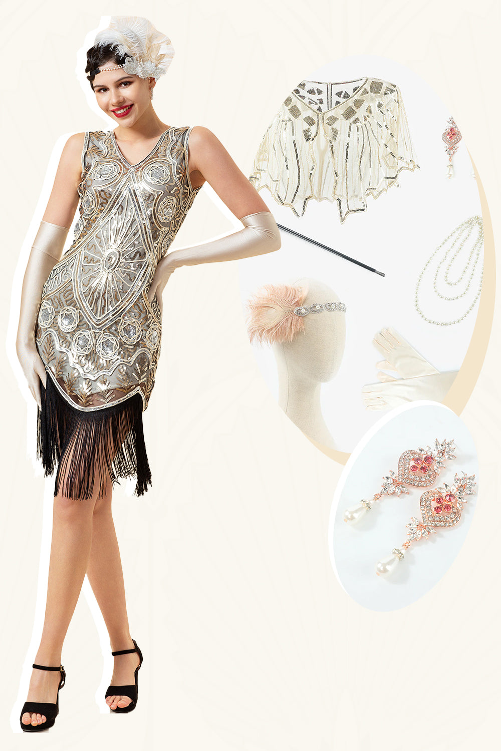 Silver Sequins Fringes 1920s Gatsby Dress with 20s Accessories Set