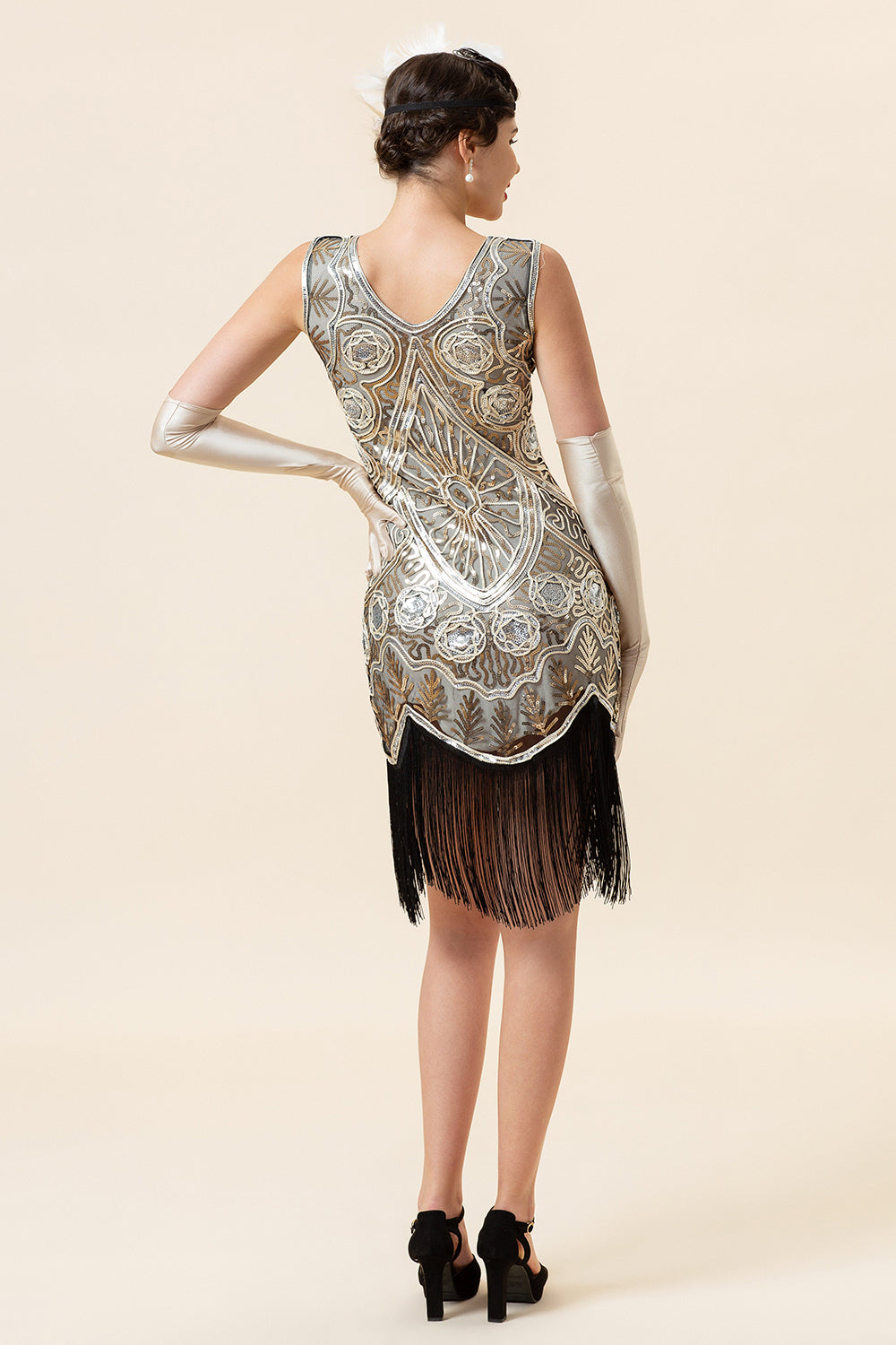 Silver Sequins Fringes 1920s Gatsby Dress with 20s Accessories Set