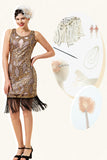 Golden Sequined Fringes 1920s Flapper Dress with 20s Accessories Set