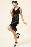 Black Sequined Fringes 1920s Gatsby Flapper Dress with 20s Accessories Set