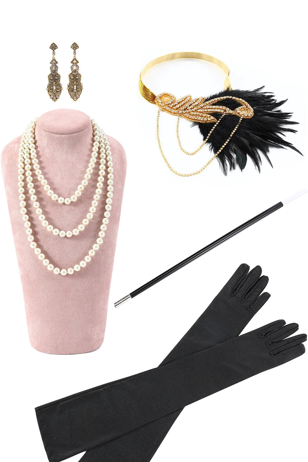 Black and Golden Sequins Fringes 1920s Gatsby Flapper Dress with 20s Accessories Set