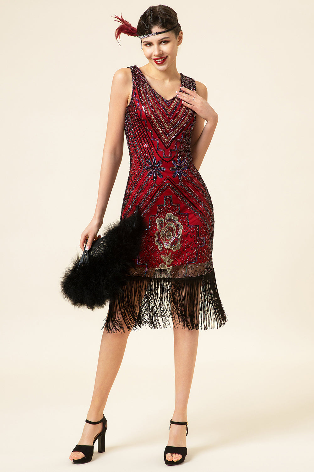 Burgundy Sequined Fringes 1920s Gatsby Flapper Dress with 20s Accessories Set
