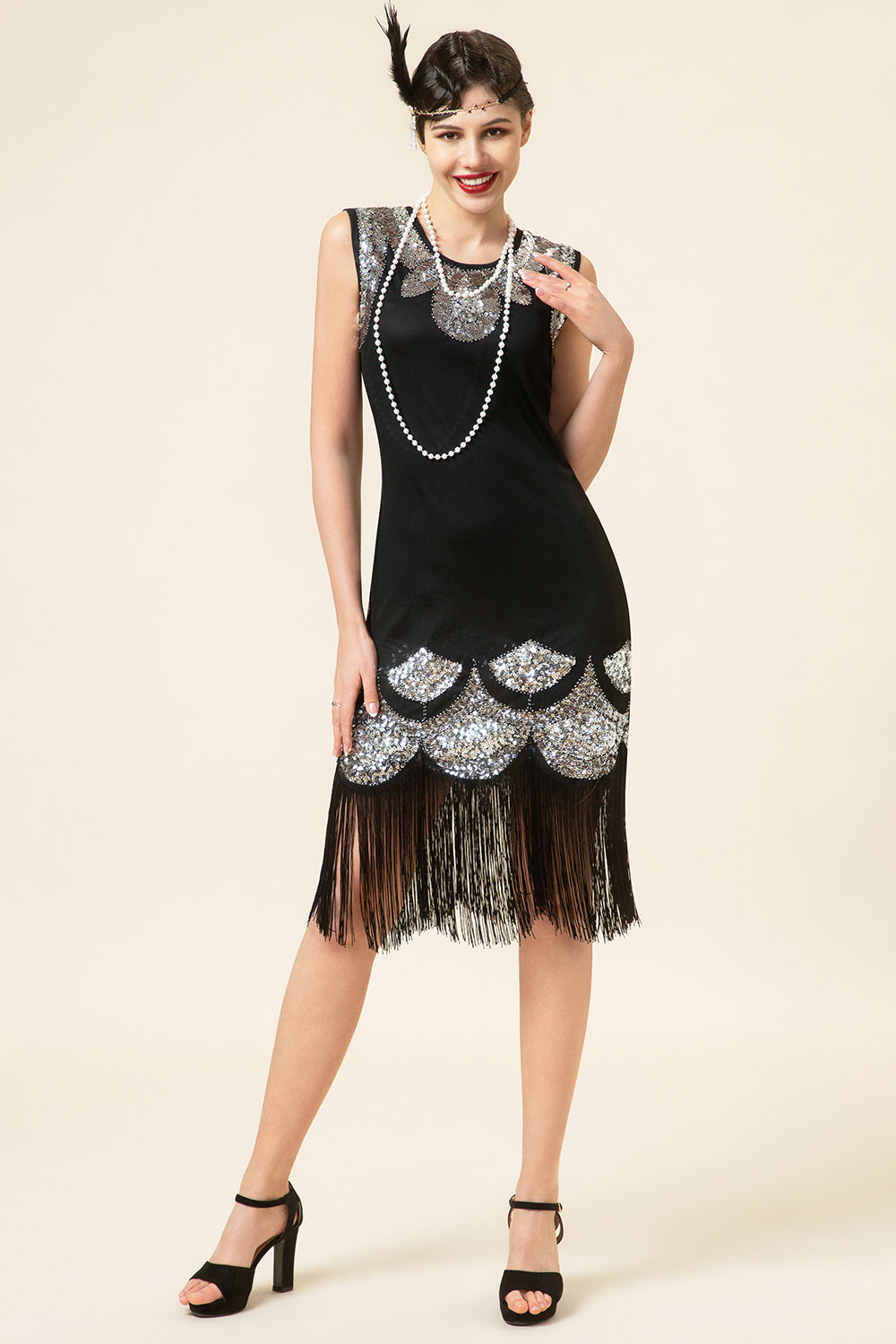 Black and Silver Sequined Fringes 1920s Gatsby Flapper Dress with 20s Accessories Set