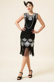 Black and Silver Sequined Fringes 1920s Gatsby Flapper Dress with 20s Accessories Set