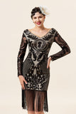 Black Long Sleeves Sequined Fringes 1920s Gatsby Flapper Dress with 20s Accessories Set
