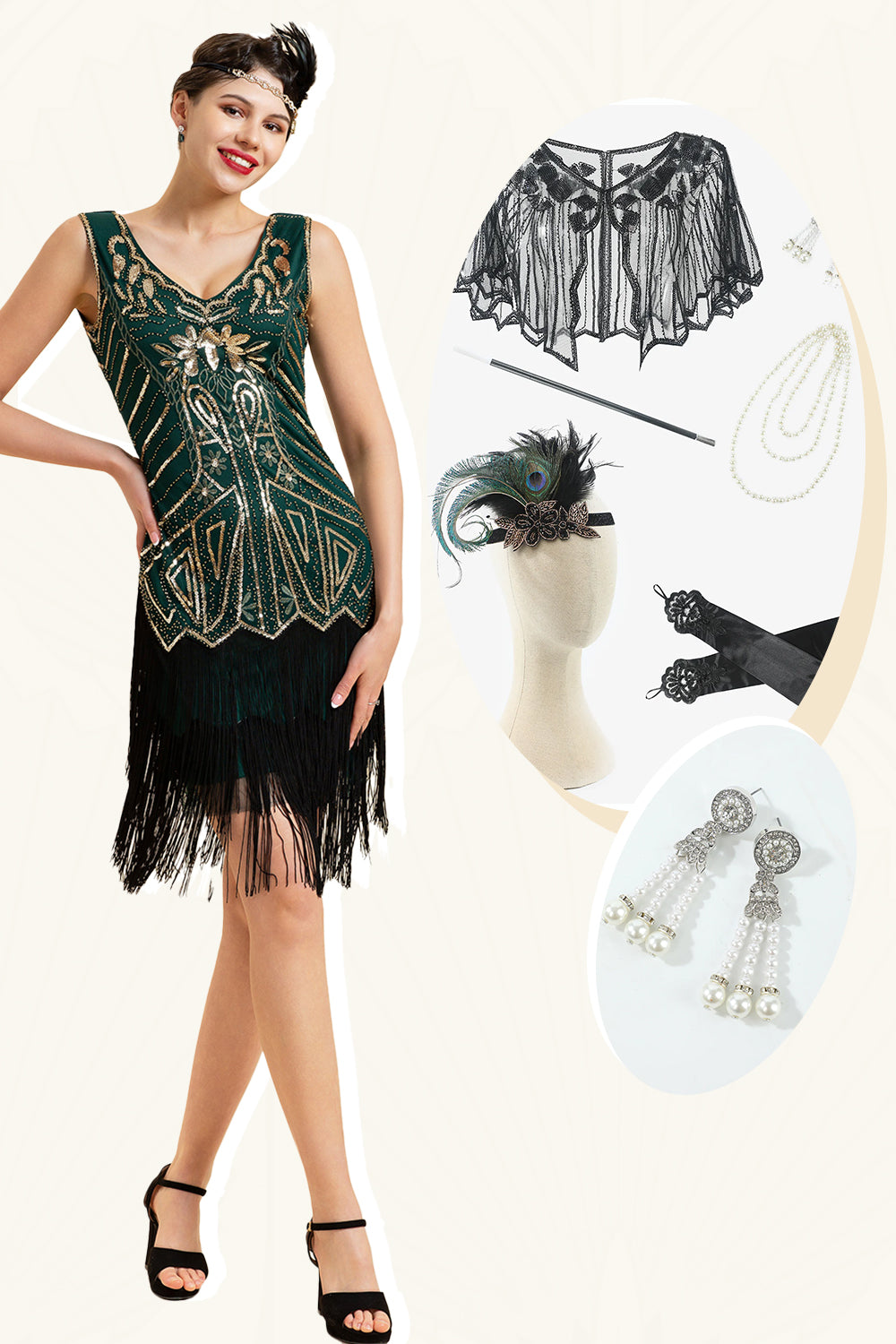 Dark Green Sequined Fringes 1920s Gatsby Flapper Dress with 20s Accessories Set