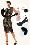Black and Golden Cap Sleeves Sequined Fringes 1920s Gatsby Flapper Dress with 20s Accessories Set