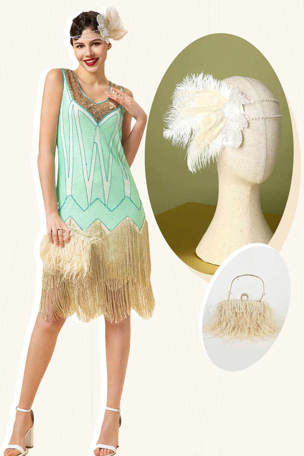 Mint Green Sequined Fringes 1920s Gatsby Flapper Dress with 20s Accessories Set
