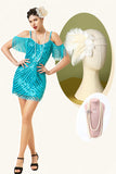 Turquoise Sequined Fringes 1920s Gatsby Flapper Party Dress with 20s Accessories Set