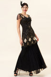 Black and Golden Cap Sleeves Sequined Long 1920s Gatsby Flapper Dress with 20s Accessories Set
