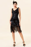 Black V-Neck Sequined 1920s Gatsby Flapper Dress with 20s Accessories Set