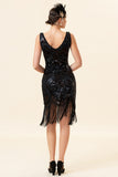 Black V-Neck Sequined 1920s Gatsby Flapper Dress with 20s Accessories Set