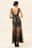 Black and Golden Illusion Neck Sequined Long 1920s Gatsby Flapper Dress with 20s Accessories Set