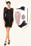 Black Sequined Long Sleeves 1920s Gatsby Flapper Party Dress with 20s Accessories Set