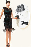 Black and Green Sequined Fringes 1920s Gatsby Flapper Party Dress with 20s Accessories Set