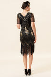 Black and Golden Short Sleeves Sequined Fringes 1920s Gatsby Flapper Dress with 20s Accessories Set