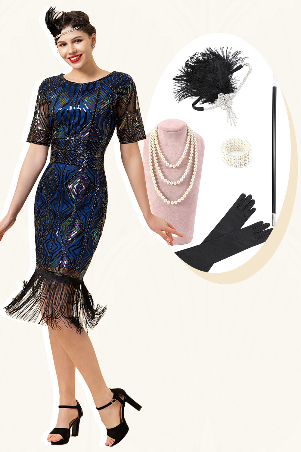 Navy Sequins Fringes Flapper Dress with 1920s Accessories Set