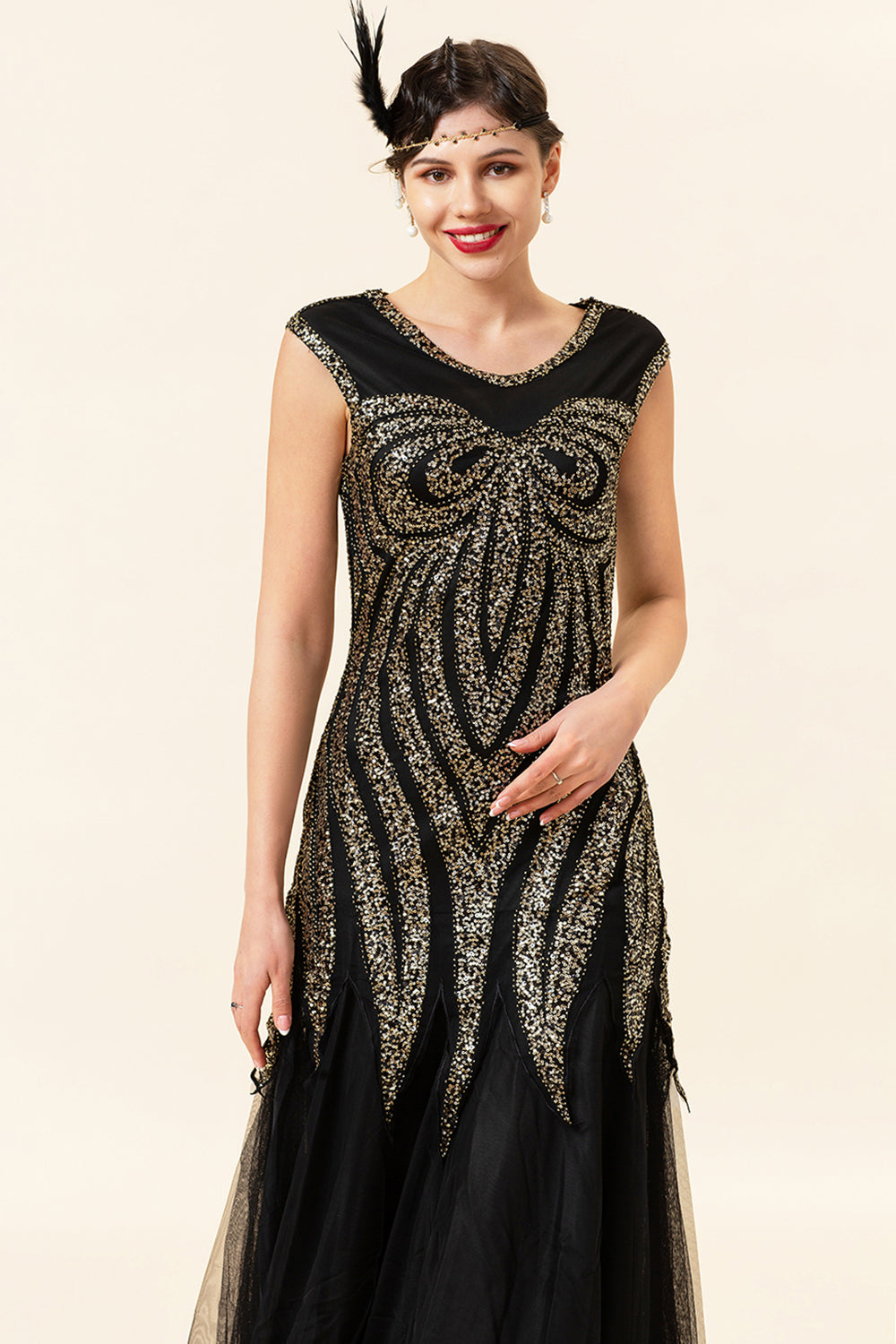 Black Sequins Tulle Flapper Dress with 1920s Accessories Set