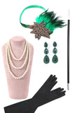 Green Beading Long Flapper Dress with 1920s Accessories Set