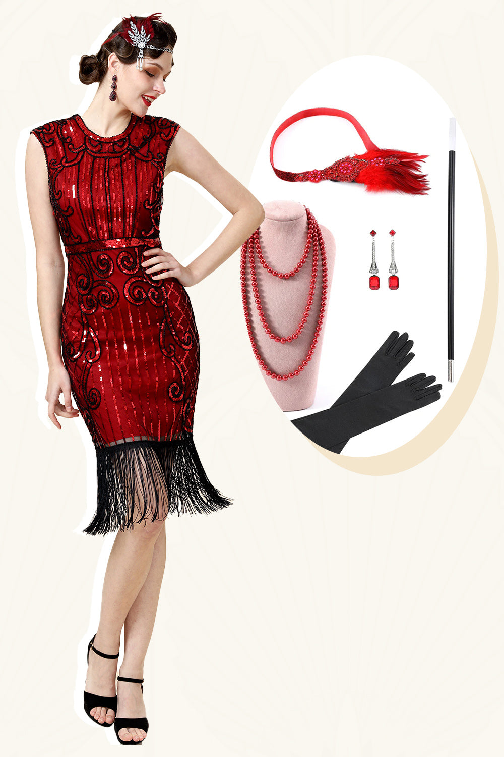 Burugndy Sequins Fringed Flapper Dress with 1920s Accessories Set