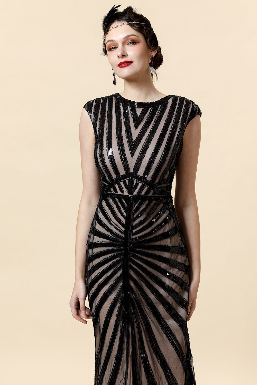 Black Sequins Glitter Midi Flapper Dress with 20s Accessories Set