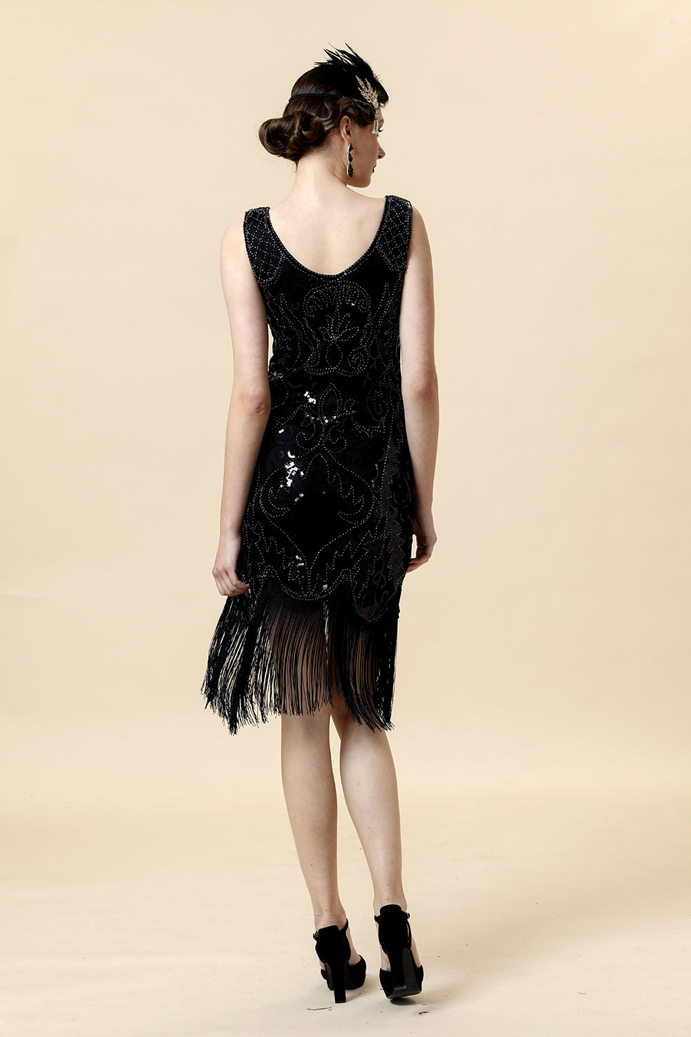 Beaded Black Fringed Flapper Dress with 20s Accessories Set