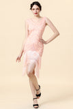 Beaded Pink Fringed Flapper Dress with 1920s Accessories Set