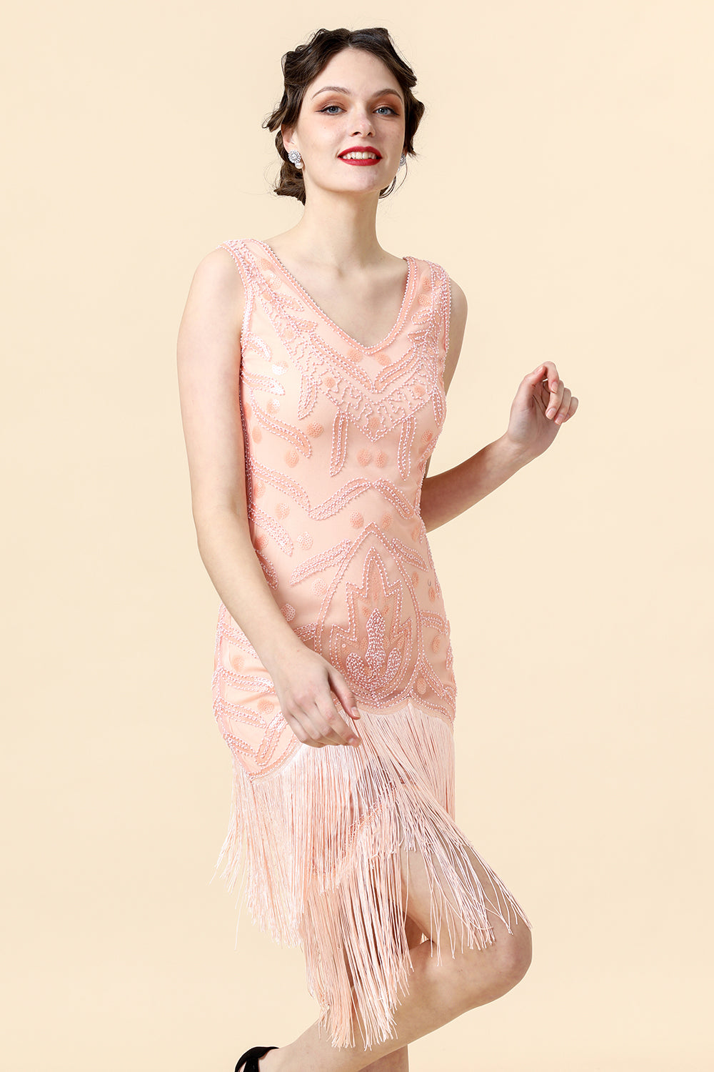 Beaded Pink Fringed Flapper Dress with 1920s Accessories Set