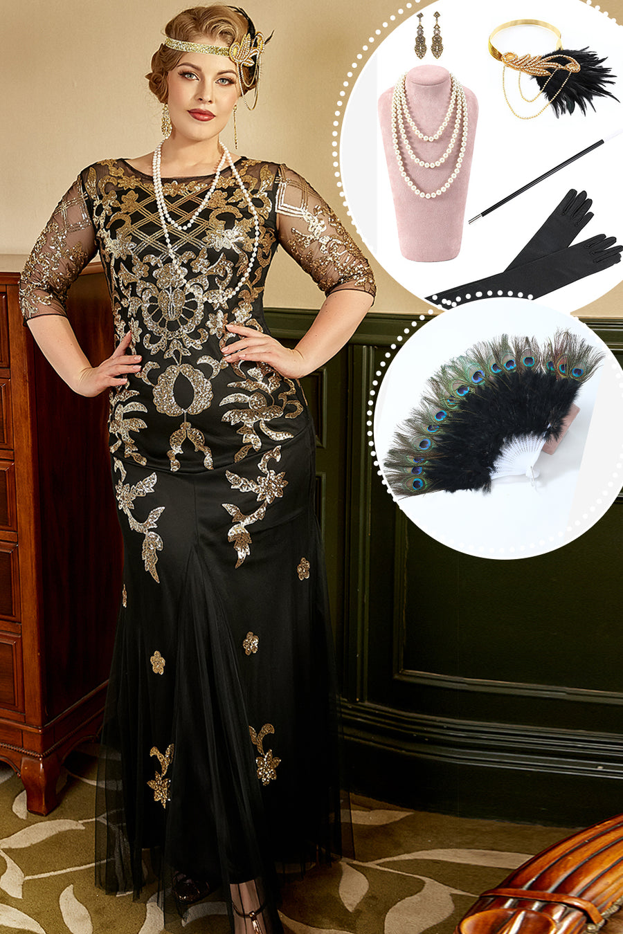 1920s Plus Size Gatsby Evening Gown - Sequin Mermaid Maxi Dress With Tassel Sleeves For Formal Events