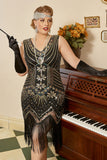 Black Golden Sequins Plus Size 1920s Gatsby Dress with 20s Acessories Set