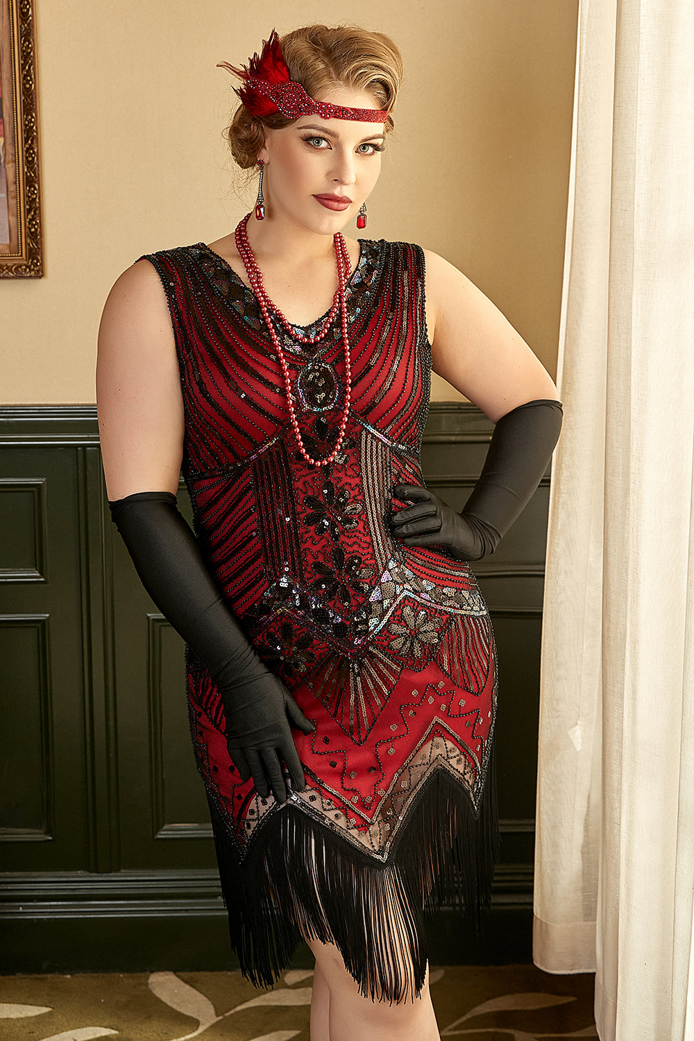 Red Plus Size 1920s Gatsby Dress with 20s Acessories Set