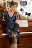 Royal Blue Plus Size 1920s Gatsby Dress with 20s Acessories Set