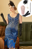 Royal Blue Sequined 1920s Plus Size Gatsby Dress with 20s Accessories Set