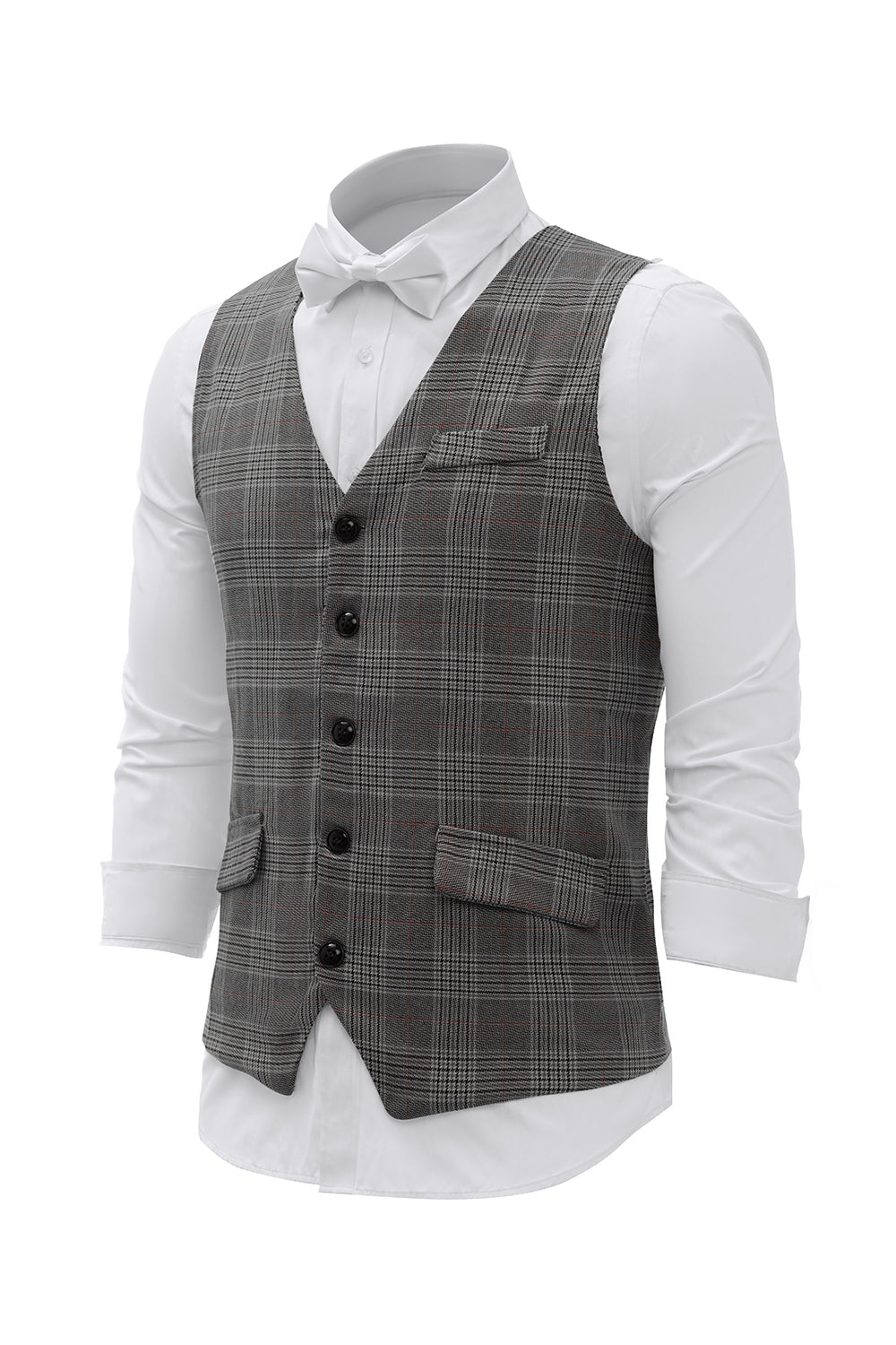 Grey Plaid Men's Vest with 5 Pieces Accessories Set