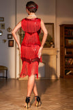 Sparkly Red Sequined Fringed 1920s Gatsby Dress with 20s Accessories